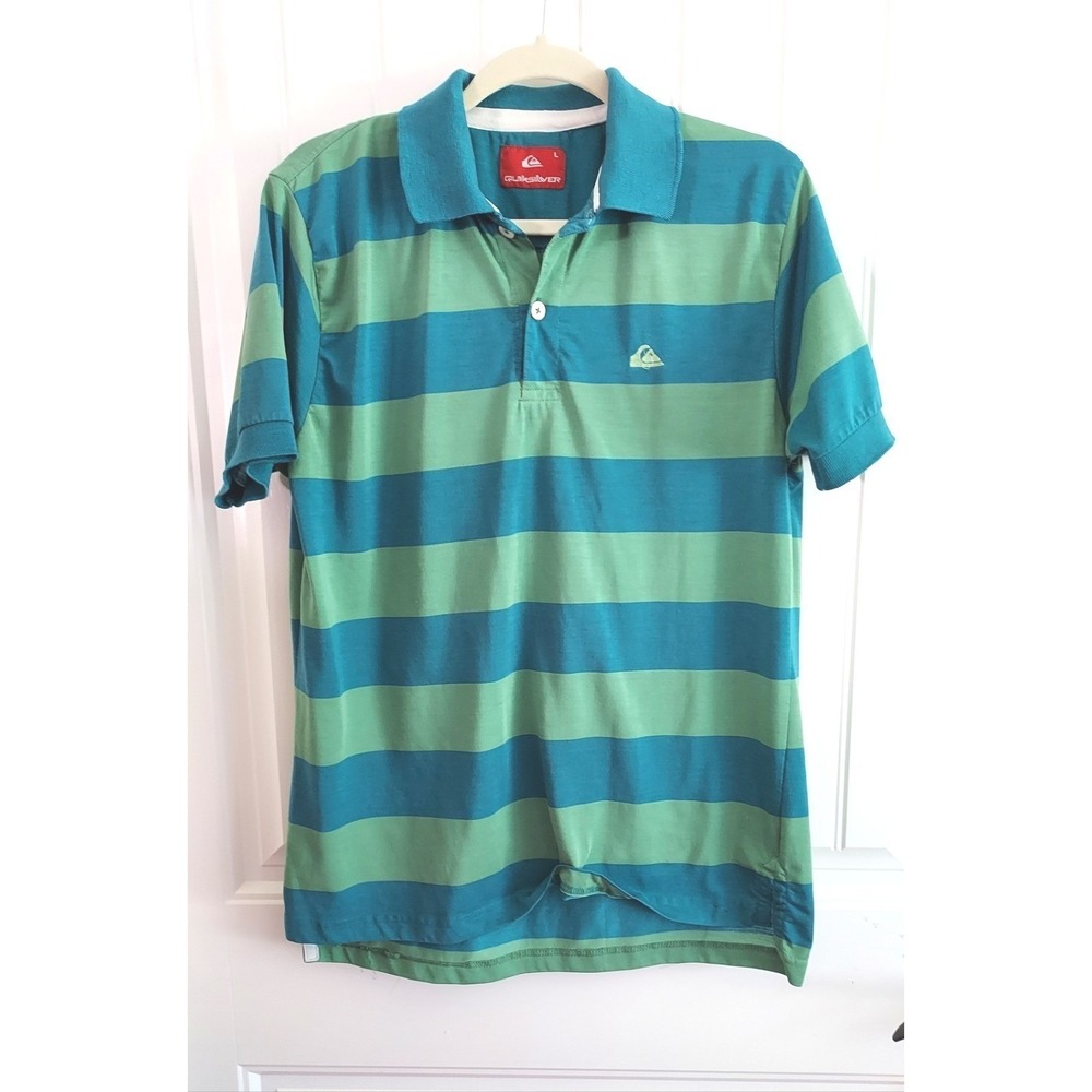 Quiksilver Polo 2 Shirts Mens L Green Brown Striped Short Sleeve Cotton Surf